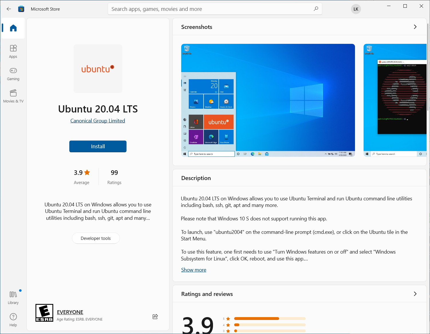 Install Ubuntu 20.04 from the Windows Store
