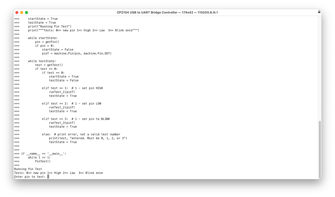 Serial Application showing PinTest.py on HUZZAH32