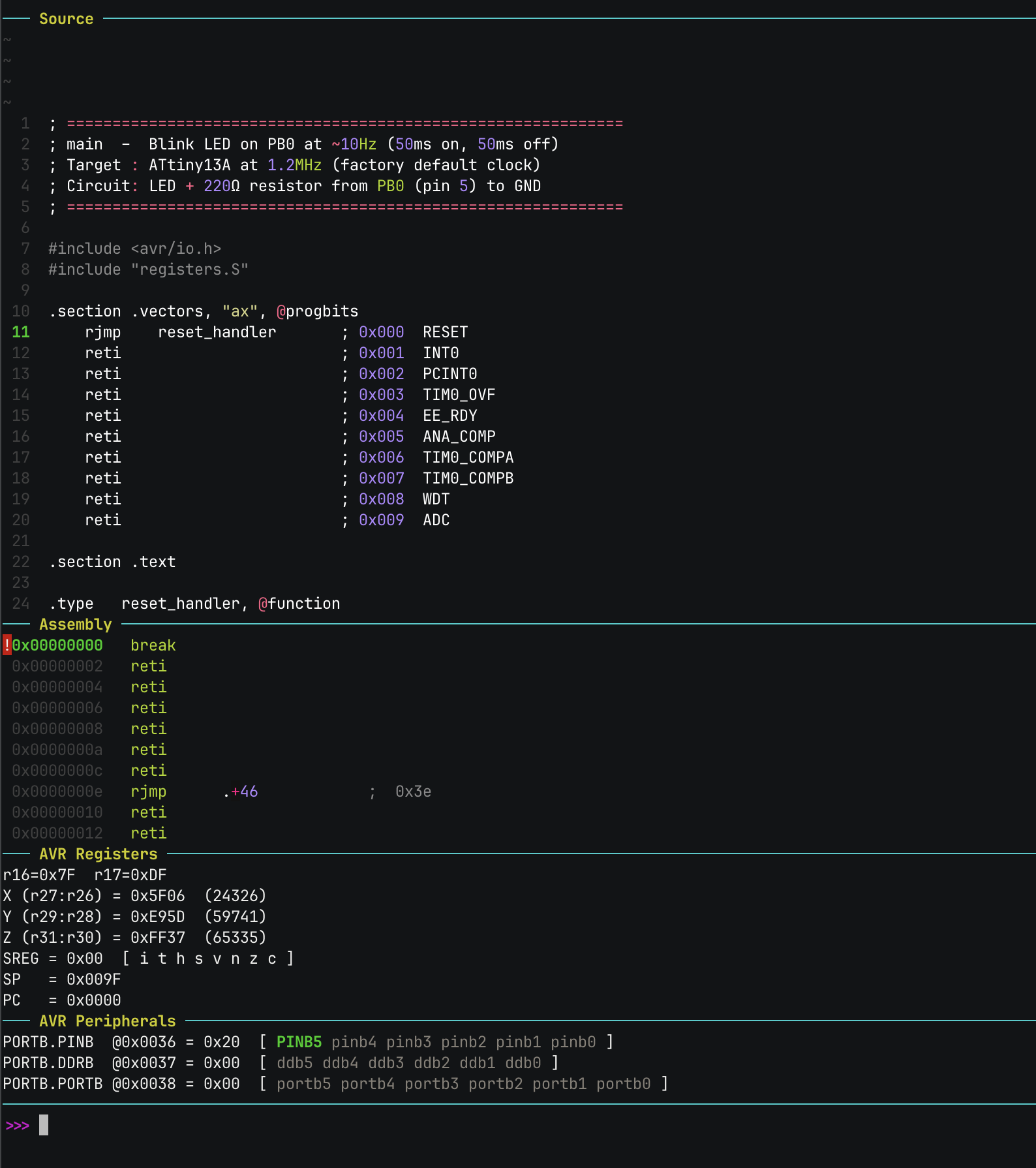 avr-gdb screen using Bloom in asm_blink, initial screen