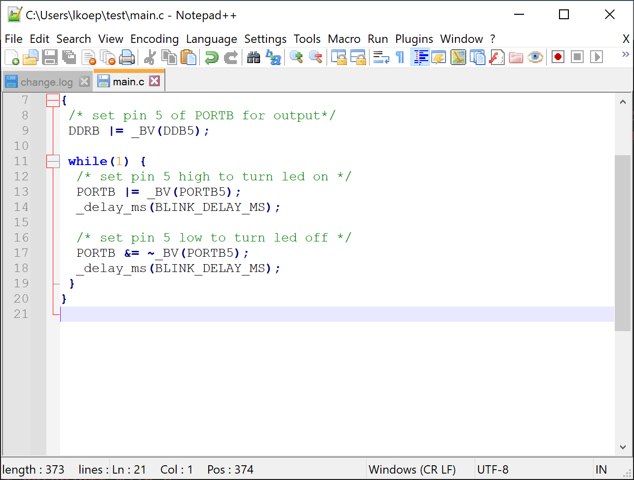 main.c in the Notepad++ editor