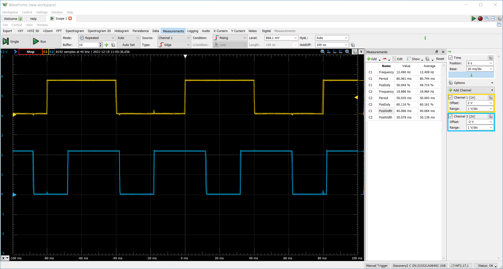 Oscilloscope view of 2 of 3 tasks, using a struct for control parameters