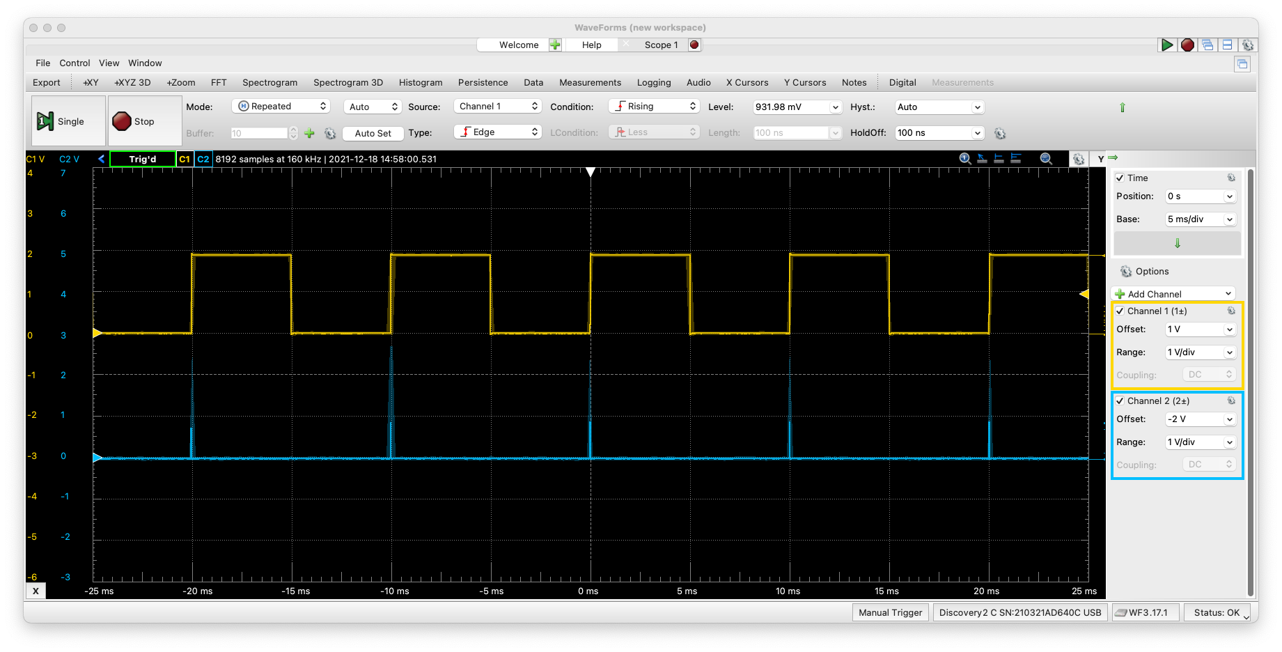 Oscilloscope view of 2 of 3 tasks, only one has a delay of 5 ms
