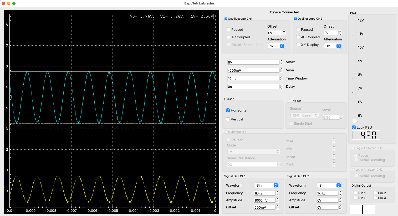 External 1Khz signal with bias and gain adjusted to show original Vo (-2.5xVi)