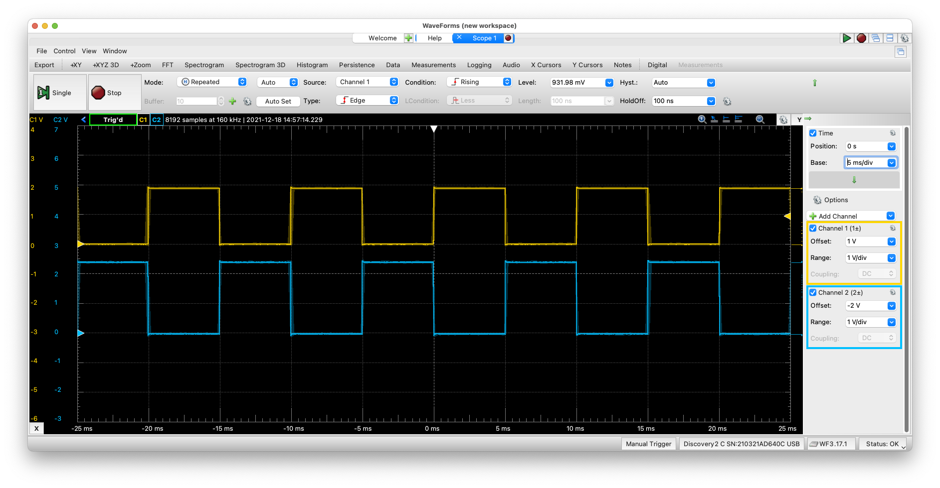 Oscilloscope view of 2 of 3 tasks, both have a delay of 5 ms